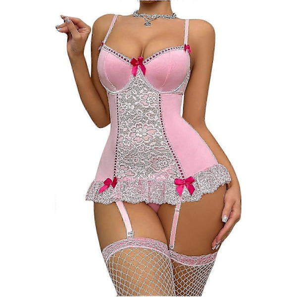 Dam 4-delat Underklädesset Blommig Spets Rosett Fram Strumpebandshållare Babydoll Bustier