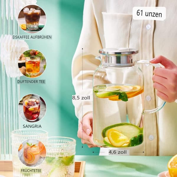 1,8 liters glaskaraff med lock, lätt att rengöra