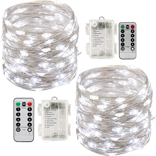 2x10m Batteridrivna LED Ljusslingor 100 LEDs Timerfunktion Fjärrkontroll IP65 Vattentät (Vit)