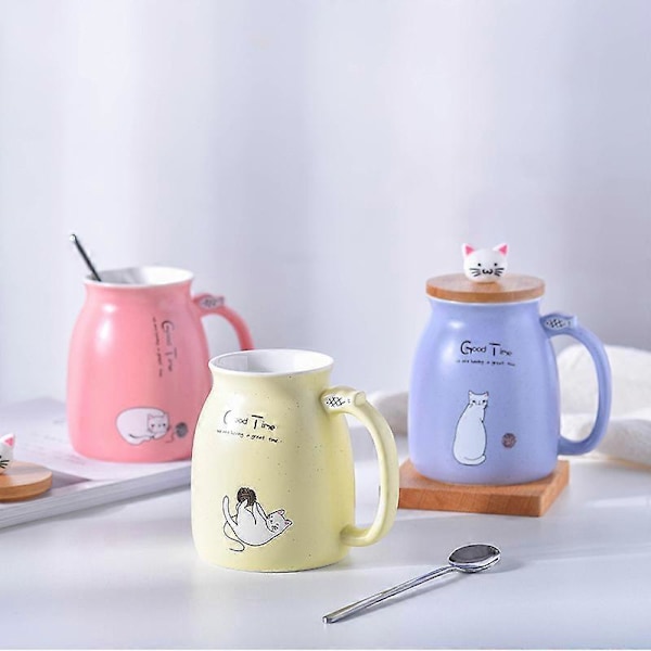 Kattmugg Söt Keramisk Kaffekopp med lock och sked, 380ML Gul