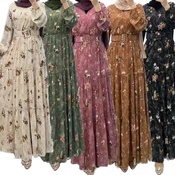 Mode muslimer blomma talande klänning Light coffee color 2XL