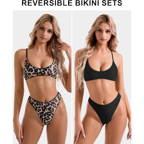 Högmidjad Tanga Bikini Set för Kvinnor Vändbar String 2-Dels Baddräkt 56 Leopard Stor