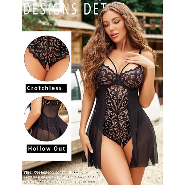 2025 Senaste Modell Babydoll Underkläder Dam Spets Body Teddy Chemise Sexig Nattlinne Mesh Sovkläder S-XXL Svart-unik Gren X-Large