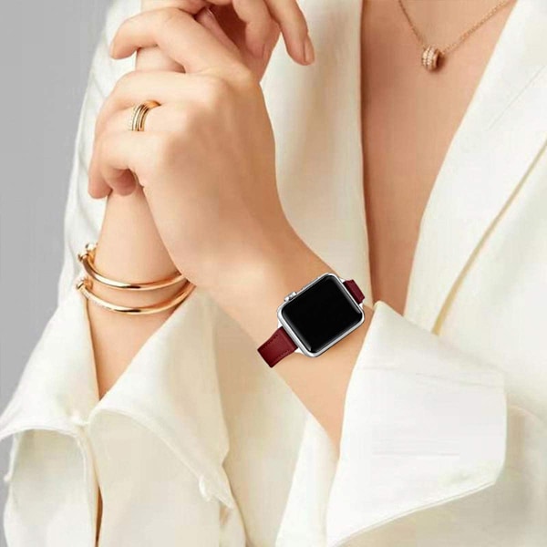 Smal läderband kompatibelt med Apple Watch Band 38mm Wine Red with Silver 38mm/40mm/41mm