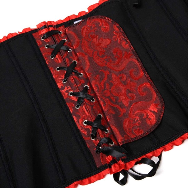 Plus size korsett, blommig plisserad trim för kvinnor, överbyst midja Black Red XL