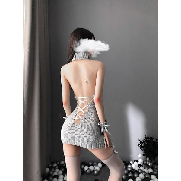 2025 Senaste Modell Dam Cosplay Underkläder Polokrage Ärmlös Stickad Bandage Anime Hel Sweater Väst Topp Grå Fri storlek