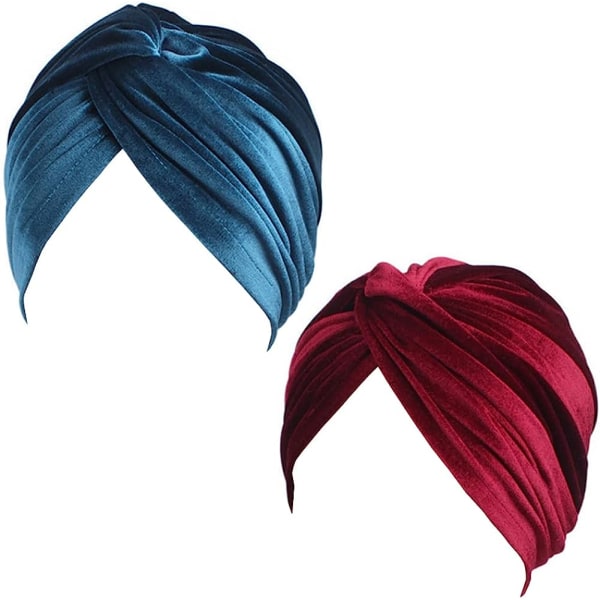 Kvinnors stretchiga sammetsvridna plisserade hårwrap turbanhatt Teal Wine