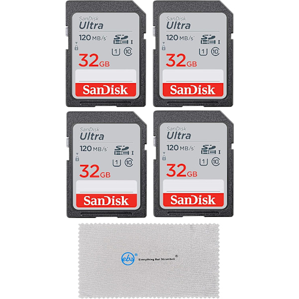 2025 Senaste Modell 32GB Ultra SD Minneskort (4-pack) SDHC UHS-I Kort 120 MB/s Klass 10 (SDSDUN4-032G-GN6IN) Paket med (1) Everything