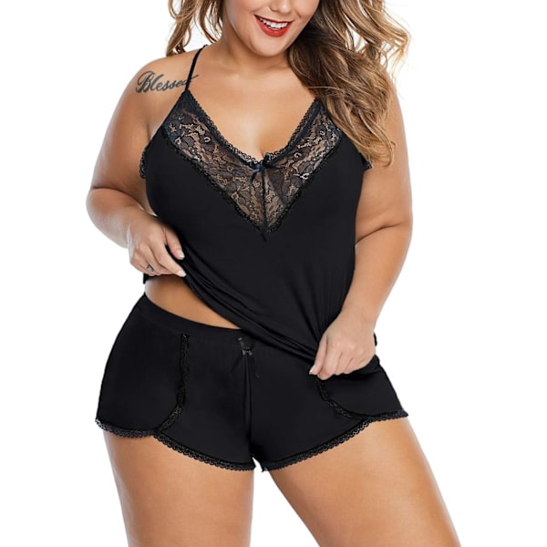 2025 Senaste Modell Dam Plus Size Pyjamas Cami Shorts Set Nattkläder Sexiga Spetsunderkläder Sovkläder Svart X-Large