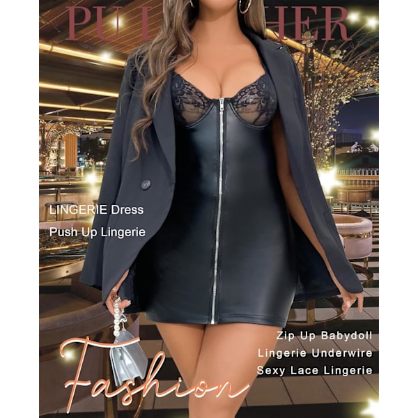 2025 Senaste Modellen Dam Babydoll Underkläder Sexig V-ringad Läder Chemise Push Up med Bygel Nattkläder Mini Teddy Klänning Svart La