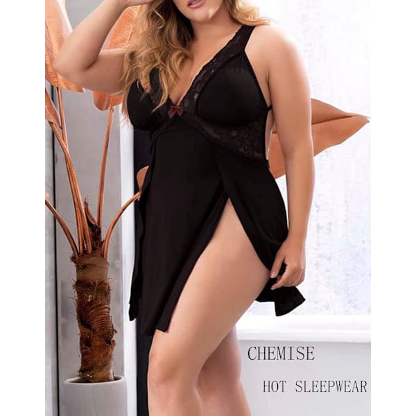 2025 Senaste Modell Dam Underkläder Spets Silkeslen Chemise Babydoll V-ringad Sovklänning Plus Size Sexig Sida