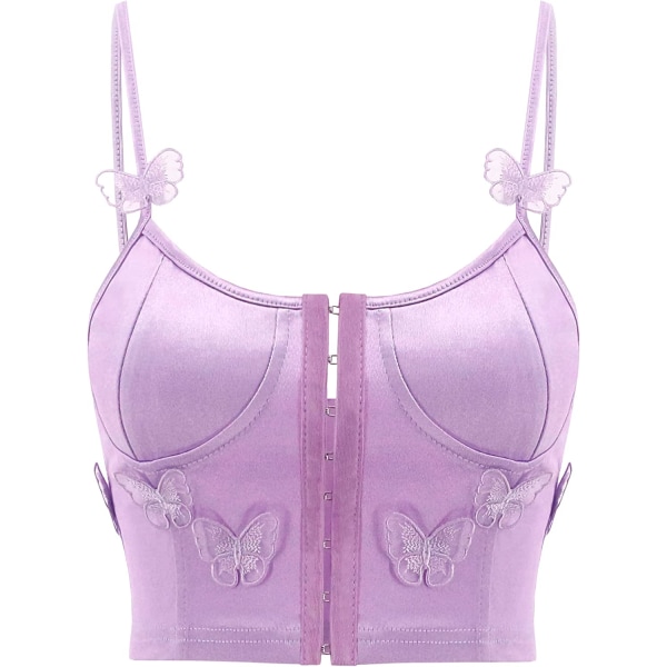 Kvinnor Silky Satin Front Push Up Bustier Chic Butterfly Purple/Butterfly S