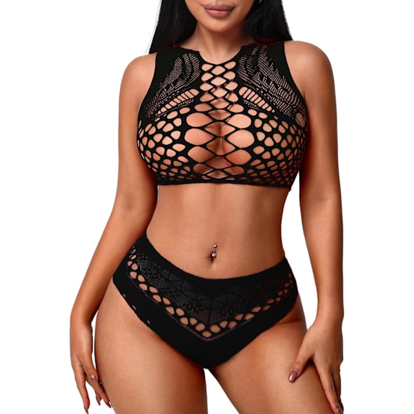 2025 Senaste Modell Dam Fisknätsunderkläder för Kvinnor Sexig Tvådelad Underklädesset Stripper Outfit Svart One Size