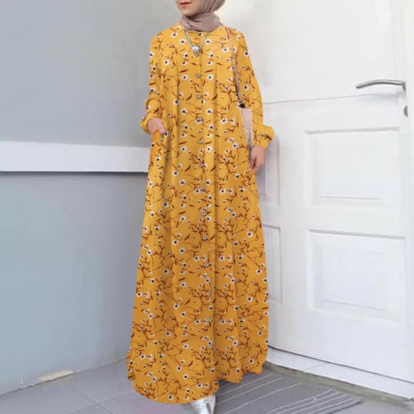 Elegant muslimsk lång blomklänning för kvinnor yellow 5XL