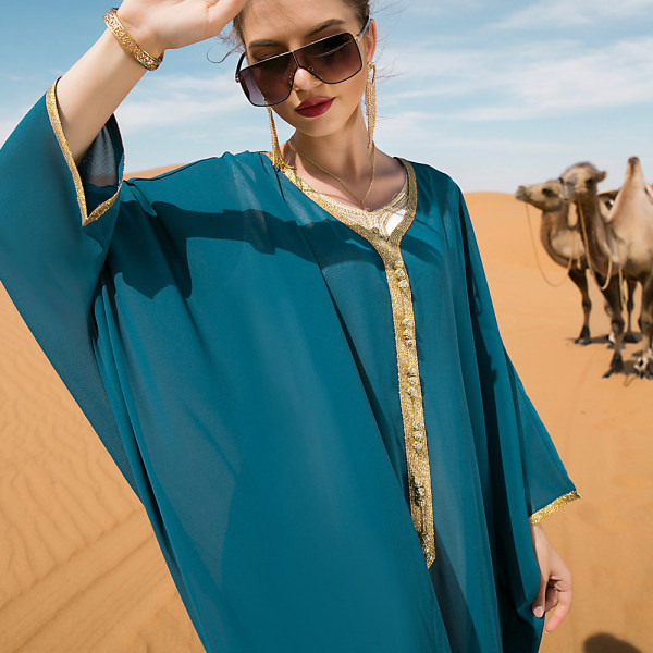 Lös muslimsk klänning i guldväv lake blue XL