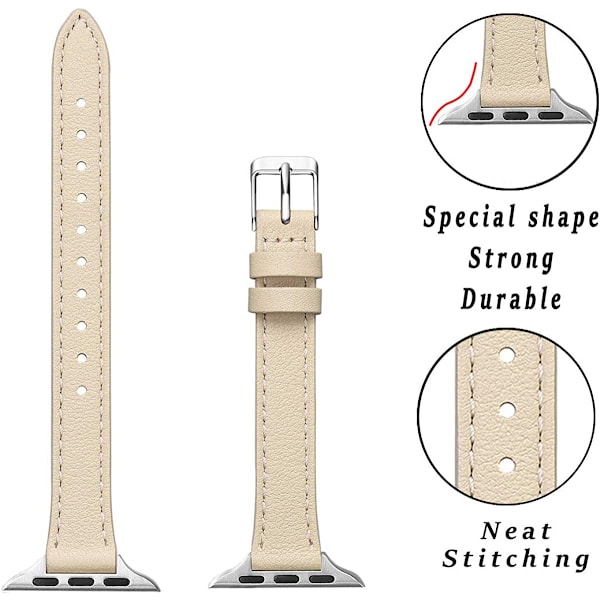 Smal läderband kompatibelt med Apple Watch Band 38mm Beige with Silver 42mm/44mm/45mm/49mm