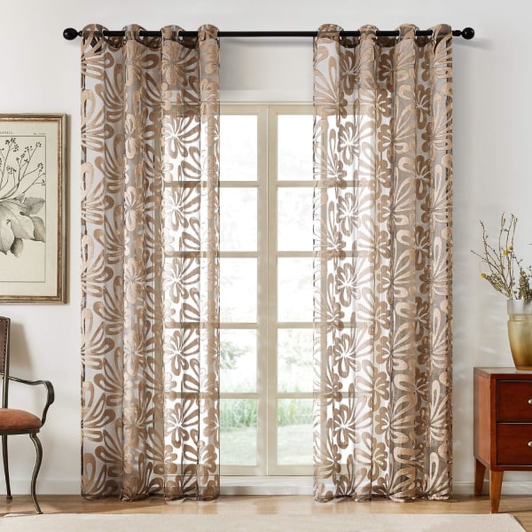 Blommiga voile skira gardiner 84 tum långa för vardagsrummets sovrum (2 paneler, bruna)