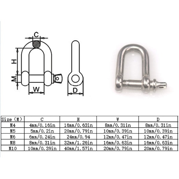 10-pack M4 D-ring Shackle Lås 304 Rostfritt Stål