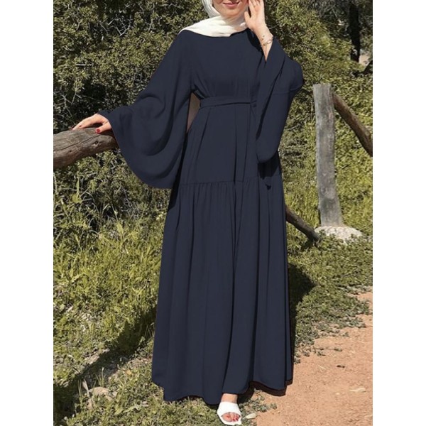 Muslimsk casual : ren färg med hornärmar och bälte navy blue 2XL