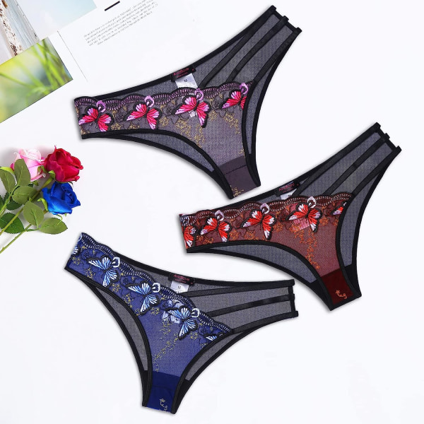 Sexiga trosor för kvinnor Butterfly Broderade underkläder Mesh Pink Blue Red-3 Pack M