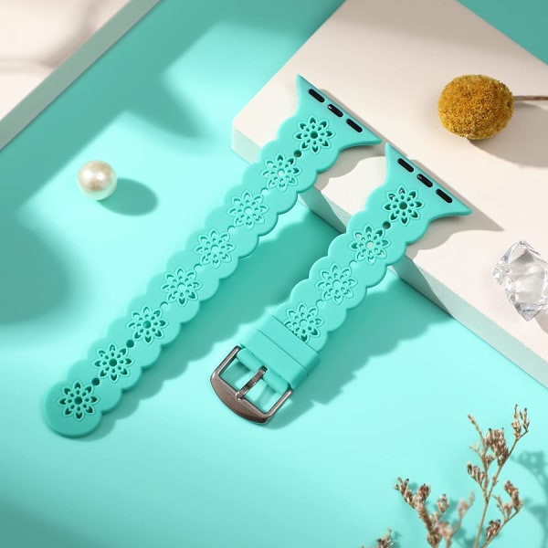 Blommigt silikonband kompatibelt med Apple Watch-band 38 mm Tiffany Blue 42mm/44mm/45mm/49mm