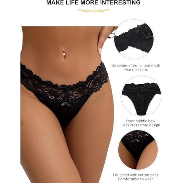 2025 Senaste Modell Spetsstringtrosor för Kvinnor Sexiga String Cheeky Tangas Trosor Blommig Spets Plus Size Underkläder XS-4XL Svart Medium-L