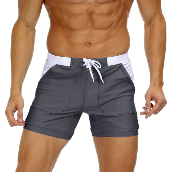 2025 Senaste Modell Herr Badkläder Baddräkter Enfärgade Basic Långa Sim Sport Trunkar Boardshorts med Fickor Grå 32