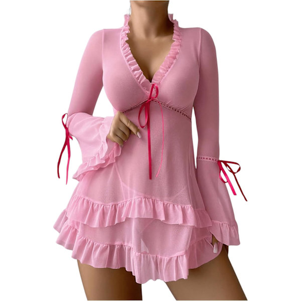 2025 Senaste Modell Dam 2-delad Transparent Mesh Underklädesset Volang Långärmad Klänning med Stringtrosa Rosa Medium