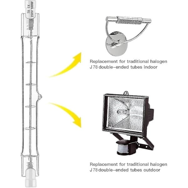 Et sæt med 5 R7s halogenrør, 78mm, 80W, 230V; R7s halogenlamperør, 78mm; R7s halogenlamper; dæmpbare halogenlamper.
