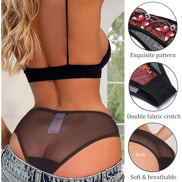 2025 Senaste Modell Sexiga Trosor för Kvinnor Fjärilsbroderade Underkläder Mesh Trosor Paket Röd-1 Pack Stor