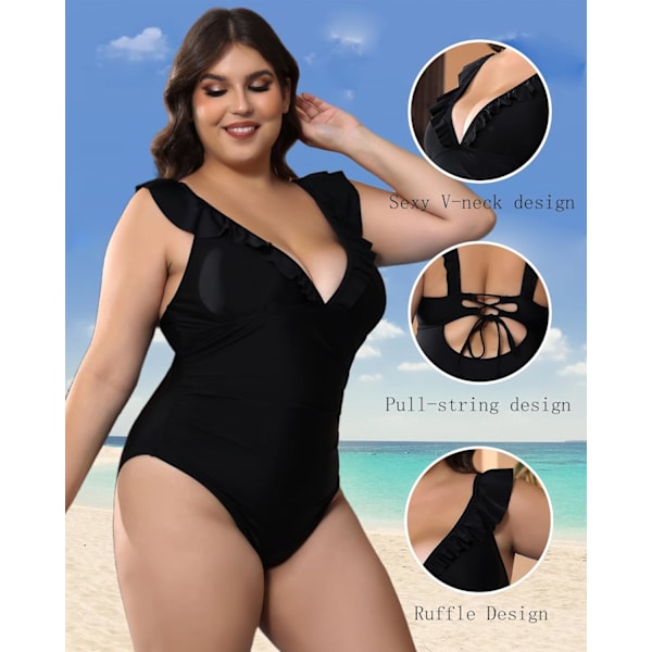 2025 Senaste Modell Dam Plus Size Baddräkt i Ett Stycke Magkontroll Sexiga Baddräkter för Kurviga Kvinnor Svart Badkläder Svart XX-Large