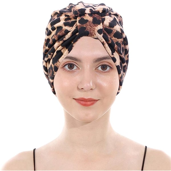 Bomulls turban med satinfoder, dubbellagers mössa för kemoterapi Leopard Print