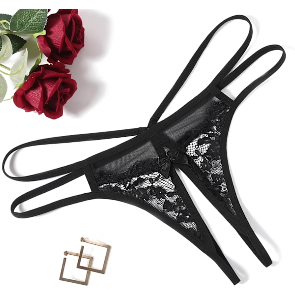 2025 Senaste Modell Dam Spets Trosor Blommig Spets Briefs Mesh Utskurna G-String Trosor T-rygg Underkläder 1-4 Pack Svart Stor
