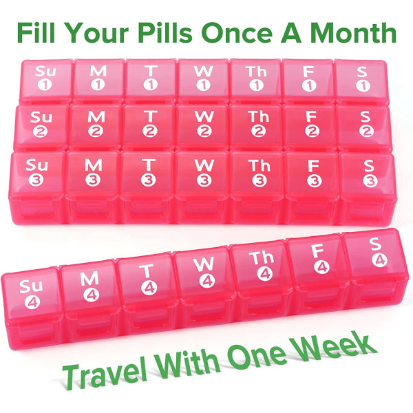 Månatlig Pill Organizer, 28 dagars Pill Box 1 gång om dagen Hot Pink