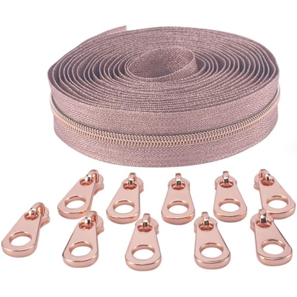 Nylon Metallspolsdragkedja - Dekorativt Band med 10 Roséguld Sliders (5 Yards)