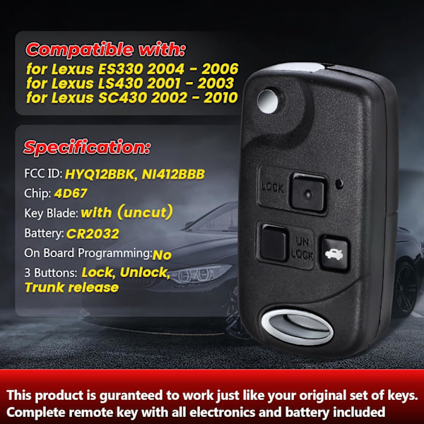 Uppgraderad Fällbar Fjärrnyckel för Lexus ES330 LS430 SC430 2002 2003 2004 2005 2006 2007 2008 2009 2010 Ersättning Fjärrnyckel