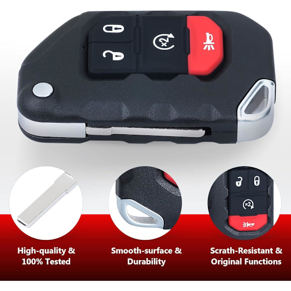 3+1 Knappar Vikbar Smart Fjärrnyckel Ersättning Passar Jeep Wrangler 2018-2022 Gladiator 2019-2022, FCC ID: OHT1130261, P/N: 6