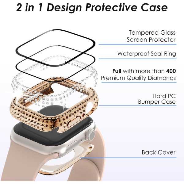 2 i 1 Bling Vattentätt Fodral för iWatch Serie 6 Rose Gold(Waterproof Full Diamonds 40mm