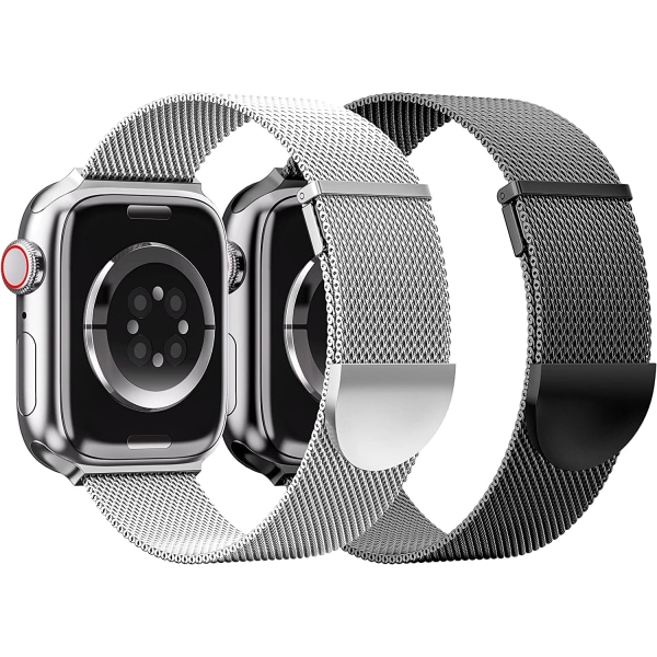 2-pack metalliskt magnetiskt armband kompatibelt med Apple Watch Silver/Black 42/44/45 mm