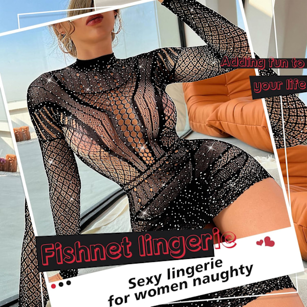 Sexiga underkläder för kvinnor, stygg fisknätsunderklädesset, bodysuit, erotisk teddy, genomskinliga mesh-outfits, svart Sparkle2, One Size