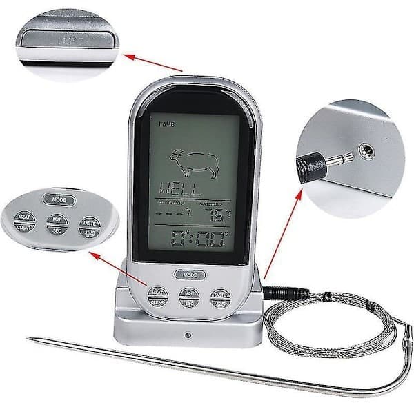 Trådlös digital ugnstermometer, köttgrillmatssond med timerlarmfunktion, ny silverfärgad.