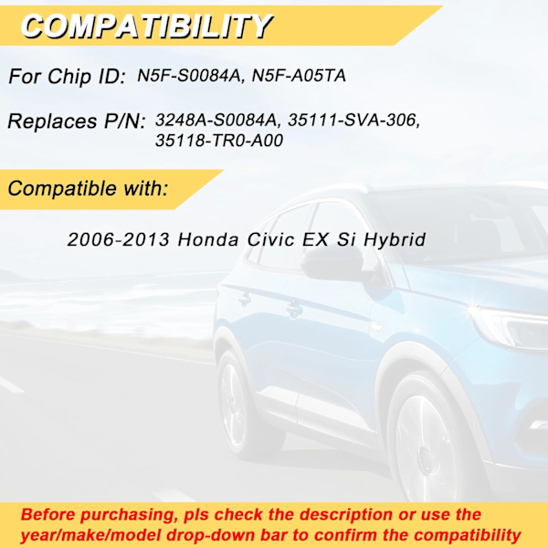 Nyckelbricka Ersättning för 2006-2013 Honda Civic EX Si Hybrid Bil Nyckellös Fjärrkontroll, N5F-S0084A N5F-A05TAA, 4 Knappar, 2st