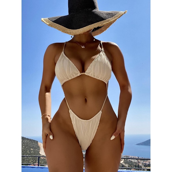 Sexig baddräkt i ett stycke för kvinnor, korsad stringbikini, stringtrosor, beige, stor
