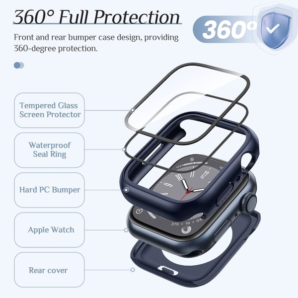 2-pack vattentätt Apple Watch case för Series 8 Black+Blue (Matte) 41mm
