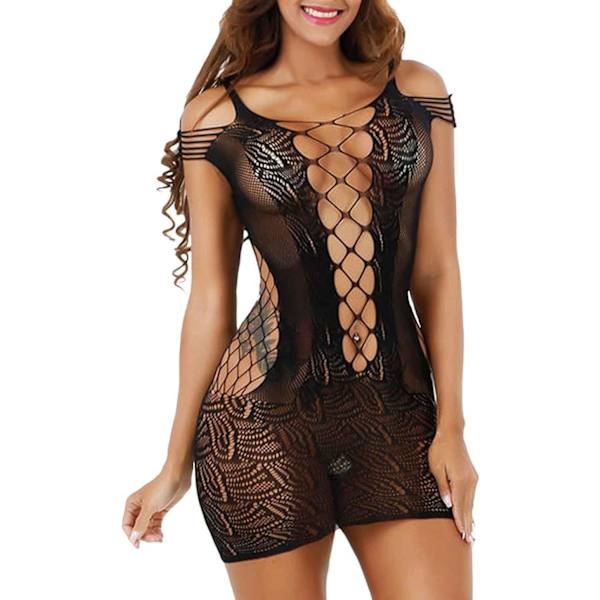 2025 Senaste Modell Kvinnor Sexig Flexibel Fisknätsunderkläder V-ringad Babydoll Mesh Teddy Bodysuit Mini Klänning One Size