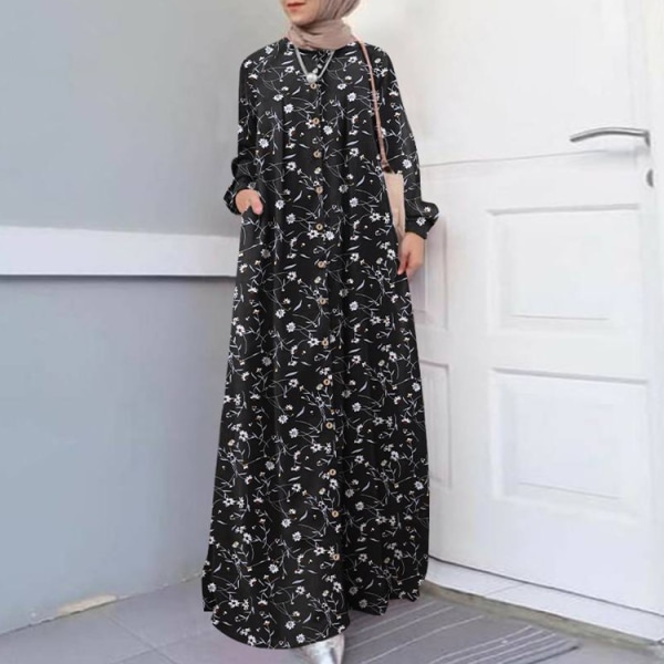 Elegant muslimsk lång blomklänning för kvinnor black 2XL