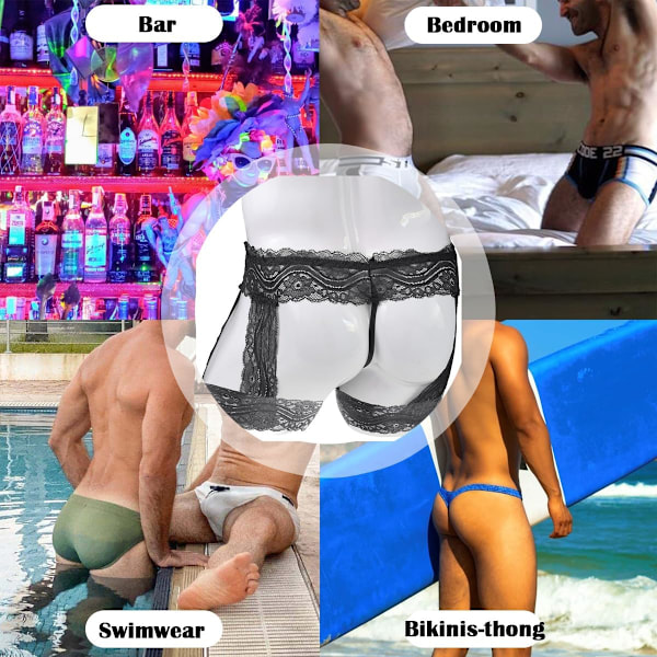 2025 Senaste Modell Herrtrosor Spetsunderkläder Genomskinlig Påse Stringtrosor med Strumpeband Kalsonger Underkläder G-String Sexiga Jockstrap Underbyxor Svart One Size