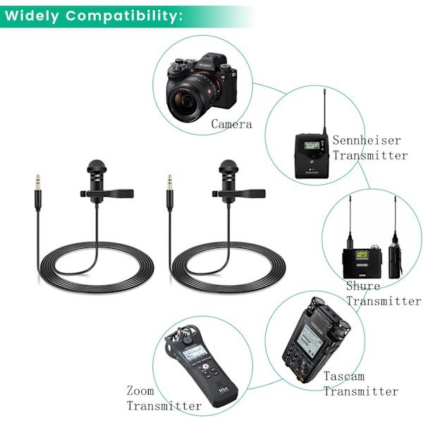 2-pack Lavalier-mikrofon kompatibel med DJI Mic 2 & Rode Wireless Pro/Wireless GO 2 / II-sändare - Rundstrålande Lav Lapel Wearabl