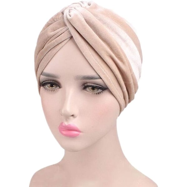 Kvinnors stretchiga sammetsvridna plisserade hårwrap turbanhatt Beige