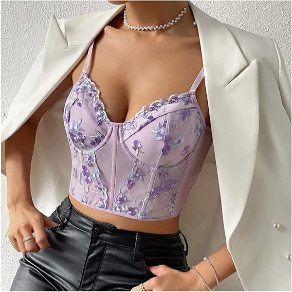 Kvinnor Silkeslen Satin Front Push Up Bustier Chic Butterfly Light Purple M